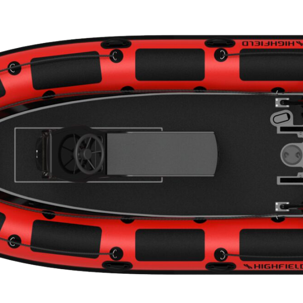 Vista superior de un bote inflable Highfield de color rojo, con un diseño moderno y un área de pilotaje central. Ideal para actividades acuáticas y exploraciones.