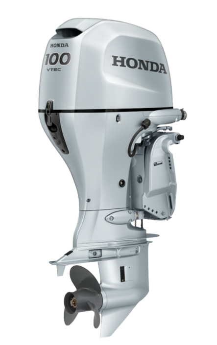Motor fuera de borda Honda 100 VTEC, diseño moderno y eficiente, ideal para embarcaciones de recreo.