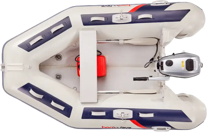 Bote inflable de motor con diseño compacto y asientos cómodos, equipado con un motor en la parte trasera y espacio para almacenamiento, ideal para actividades recreativas en el agua.