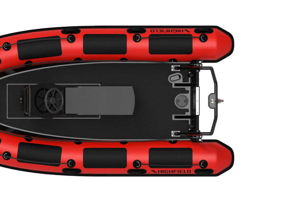 Vista superior de un bote inflable Highfield con casco rojo y negro, equipado con un motor y espacio central para asientos. Ideal para actividades acuáticas y exploración.