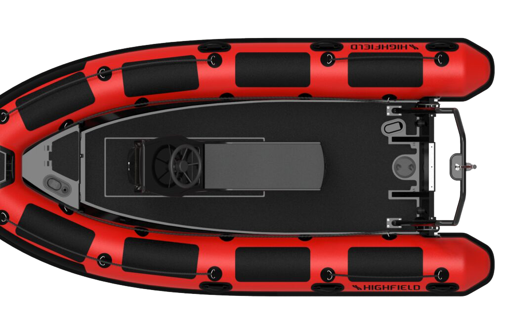 Vista superior de un bote inflable Highfield de color rojo, con un diseño moderno y un área de pilotaje central. Ideal para actividades acuáticas y exploraciones.