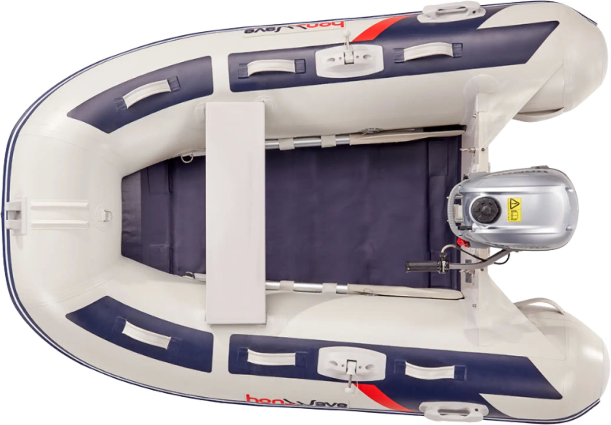 Bote inflable de motor con diseño ergonómico, color blanco y azul, equipado con un asiento central y motor montado en la parte trasera, ideal para navegación recreativa en aguas tranquilas.