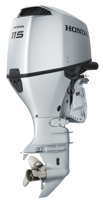 Motor fuera de borda Honda 115, diseñado para ofrecer potencia y eficiencia en navegación, con un acabado en plata y hélice en la parte inferior. Ideal para embarcaciones de recreo y pesca.