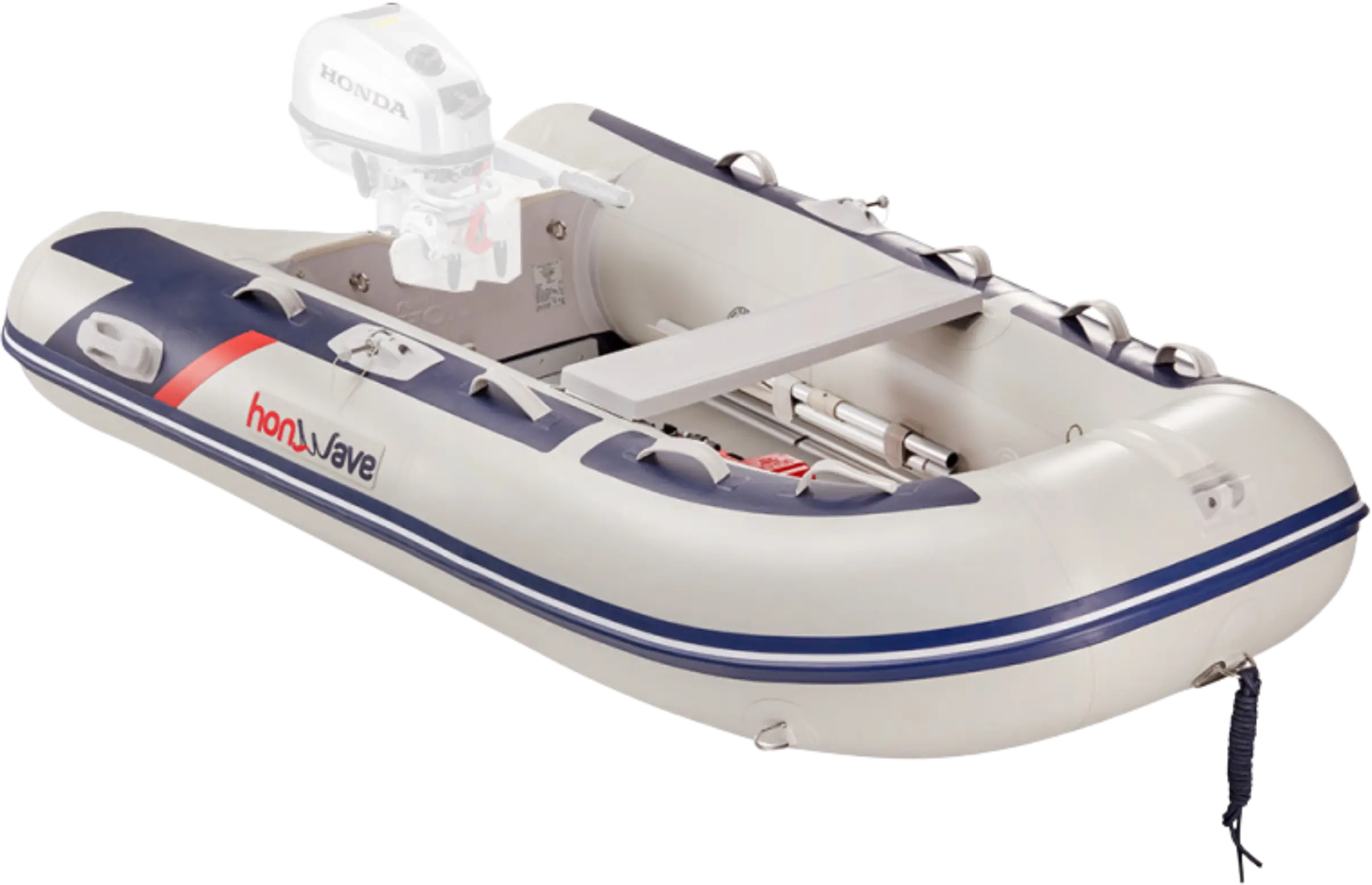 Bote inflable Honda Wave con motor, ideal para actividades acuáticas y navegación recreativa. Diseño compacto y resistente, perfecto para aventuras en el agua.